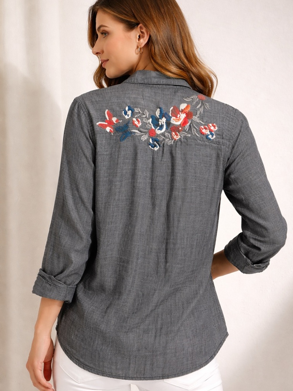 Velvet Heart Embroidered Black Chambray Denim Button-Down Shirt